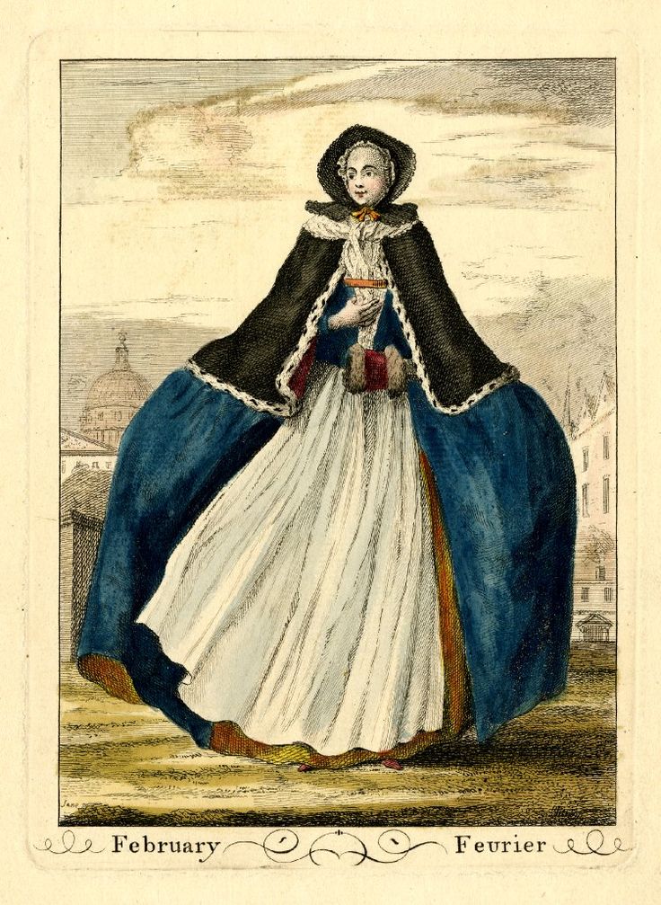 The Months images by J.June - February - 1749, Mid 18th c fashion research by HandBound Historical Costumes, what did the georgians wear, images of wide hooped petticoats, winter colours in georgian fashion