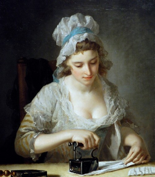 Henry Morland -Laundry Maid Ironing 1785 - HandBound Costume research for bespoke historical and period clothing, Fully Boned Stays - who wore them, Evidence of working women wearing fully boned stays, underwear history in the 1700's, underwear and corsetry in the 18th century