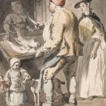 Fishmonger-P.sandby-HandBound Historical Costume research, Examples of a working mans jacket in the eighteenth century, images of yellow sacs from the 1700s or 18thc, what working people wore, paul sandby's sketches, Hand made historical costumes, bepsoke period clothing, period drama costujmes, Poldark costumes, dressing like Banished, what the goergains wore, a study on english dress from the 1700s, custom made accurate historical costume,
