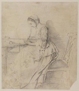 Lady and table writing by P.Sandby - no date, Hogarths Marriage a la Mode - 1742-45, Pet-en-lair and 18th c short sack images research by HandBound Costumes, Made to measure historical costumes by HandBound, Undress and it's various forms - the pet-en-lair and short sack